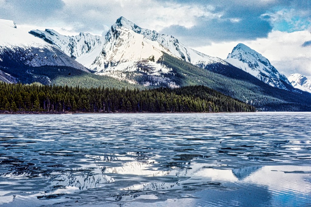 Leah & Sampson Peaks from Maligne Lake in Spring, Jasper NP, AB