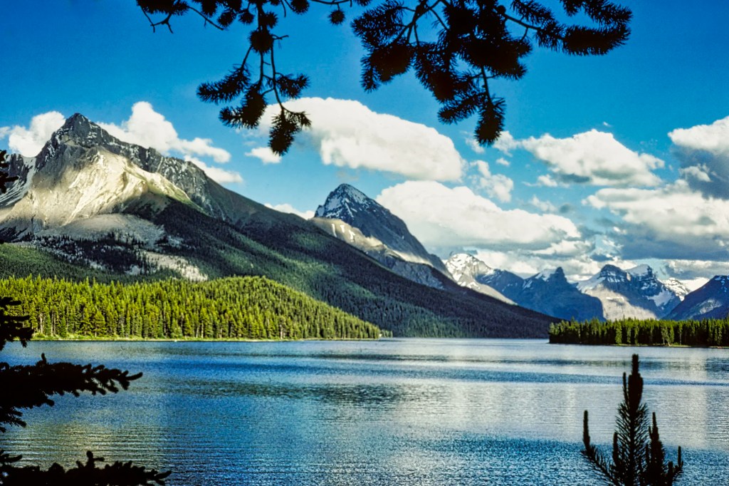 Leah & Sampson Peaks from Maligne Lake in Summer, Jasper NP, AB