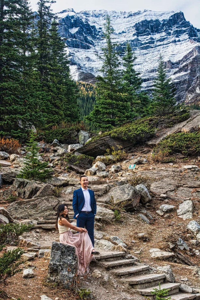 Wedding Bunnies Photo Shoot on the Rock Pile, Moraine Lake, Banff NP, AB