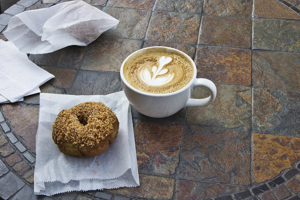Cappuccino and donut, Honey Doughnuts, Deep Cove, BC