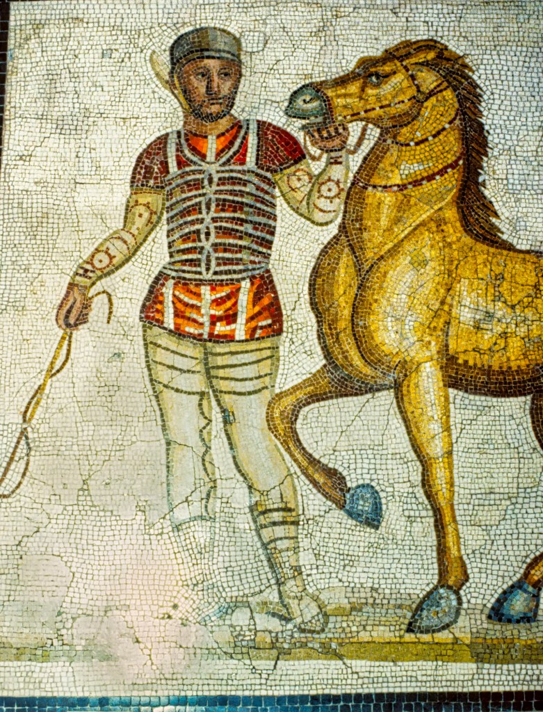 Roman mosaic of a charioteer with horse, Villa Settimii, Rome