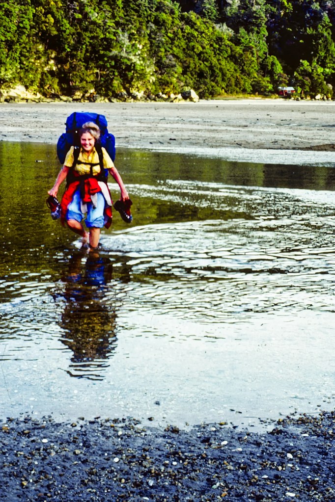 Corinne Crossing Barefoot, Bark Bay Hut, Abel Tasman Track, NZ