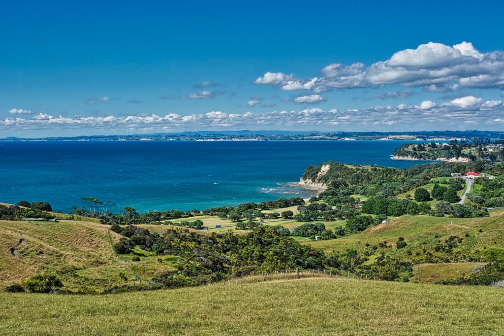 View towards Okoromai Bay and Auckland, Shakespear Regional Park, NZ