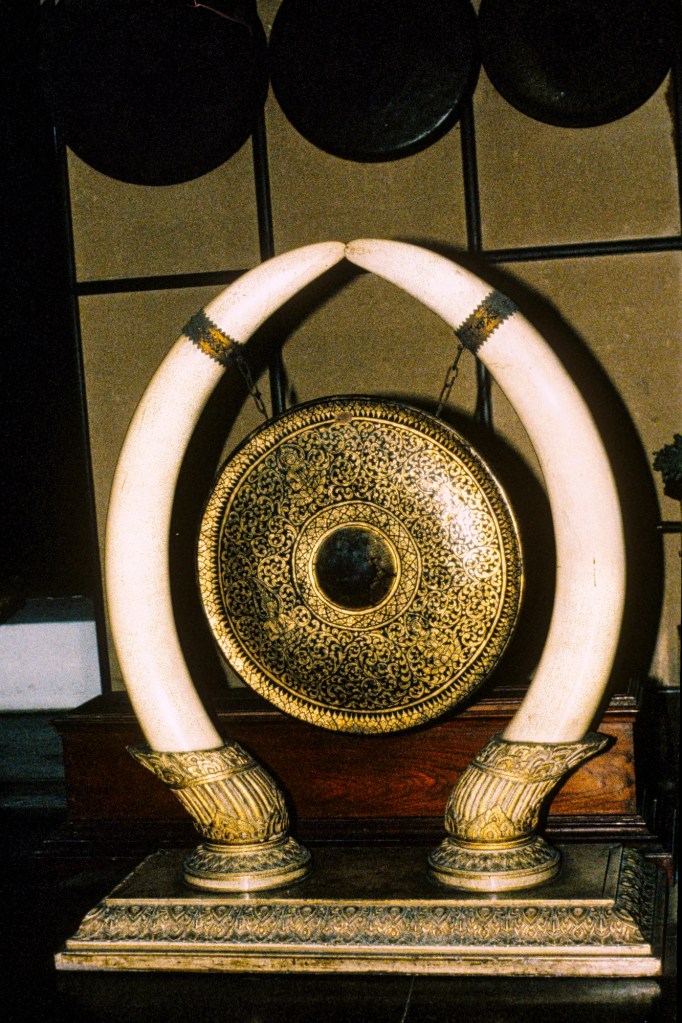 Gong hanging from Elephant Tusks, National Museum, Bangkok