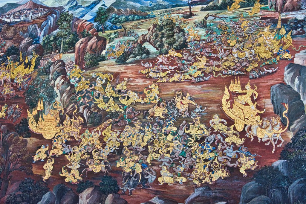 Intarachit shoots snake arrows mural from Ramakien, Wat Phra Kaew