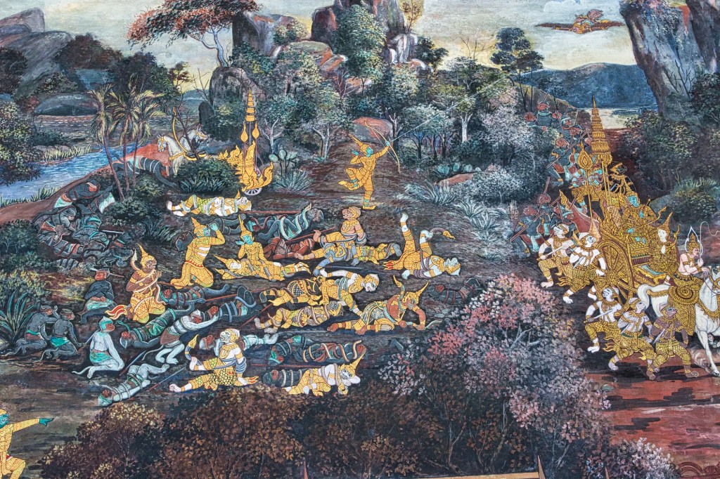 Phra Ram fires a thunder arrow mural from Ramakien, Wat Phra Kaew