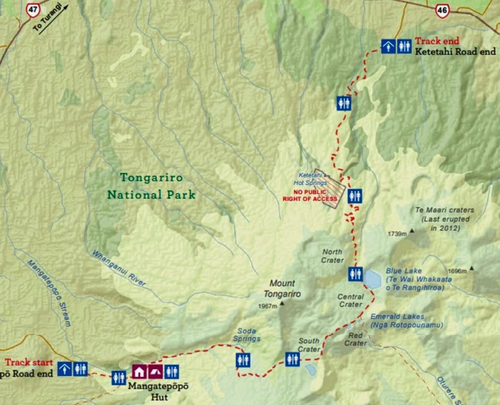 Tongariro Crossing Map, Tongariro NP, NZ